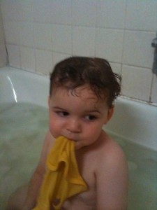 Finny sucks on a washcloth in the tub.